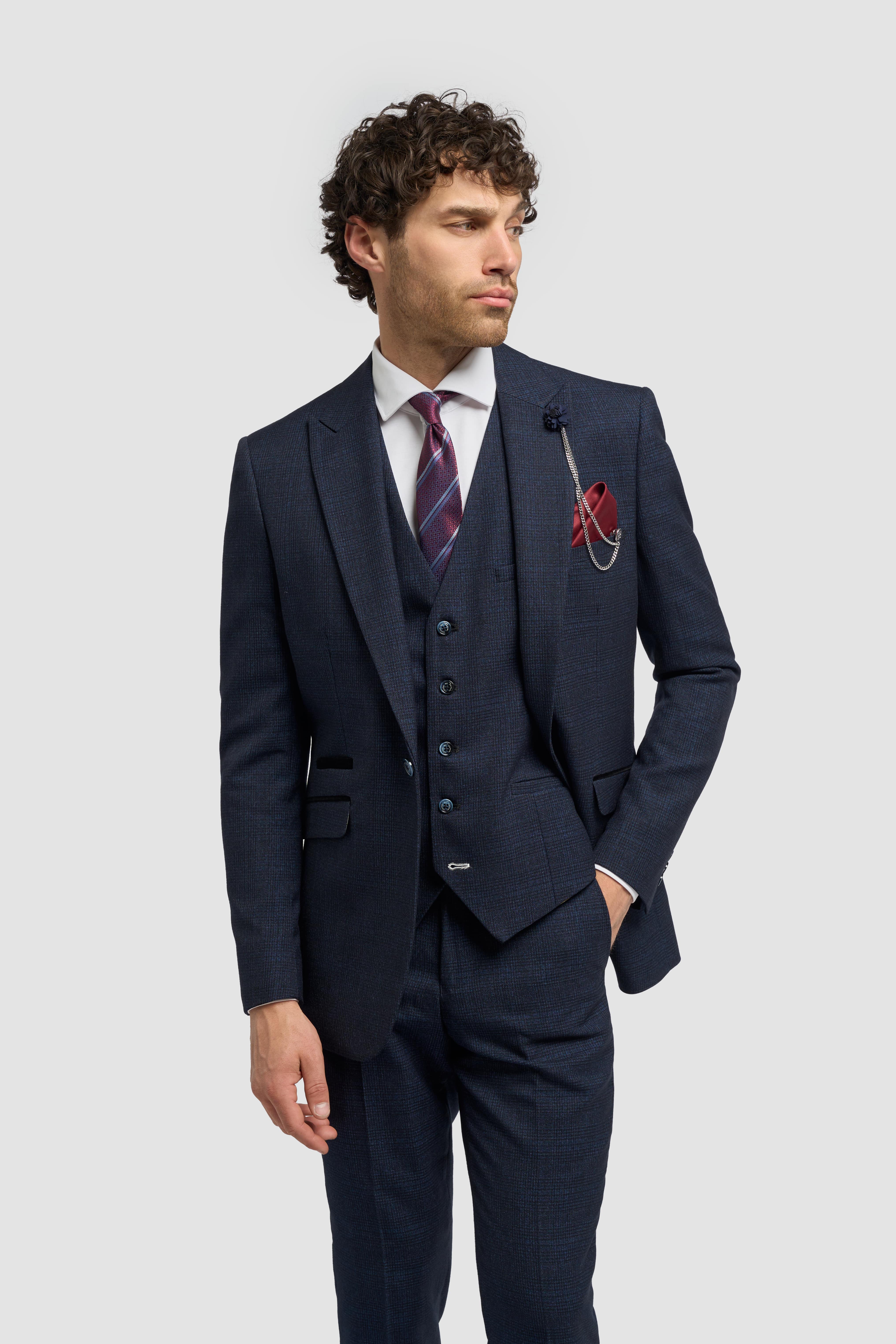 House of Cavani - Caridi Navy Regular Check Three Piece Suit